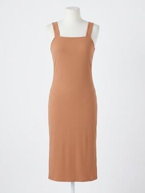 The Drop Ribbed Square-Neck Midi Dress in Camel Tan Terracotta Size Large